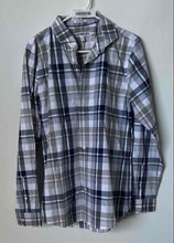 Load image into Gallery viewer, Express Mens Blue Gray Plaid Cotton Spread Collar Long Sleeve Dress Shirt Size M
