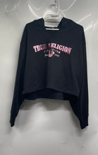 Load image into Gallery viewer, True Religion Womens Black Long Sleeve Notch Neck Cropped Pullover Hoodie Sz 2XL
