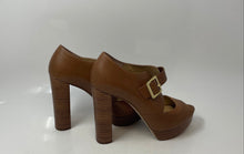 Load image into Gallery viewer, Michael Kors Womens Eleni Brown Leather Peep Toe Buckle Platform Heels Size 8.5M
