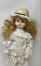Load image into Gallery viewer, Blonde Hair Black Eye Porcelain Doll Collection With Polka Dot Dress &amp; Hat
