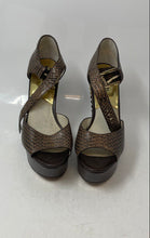Load image into Gallery viewer, Michael Kors Womens Ella Brown Snakeskin Wedge Heel Ankle Strap Sandals Size 9M
