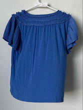 Load image into Gallery viewer, Chico's Womens Blue Short Sleeve Ruffle V-Neck Pullover Blouse Top Size 2
