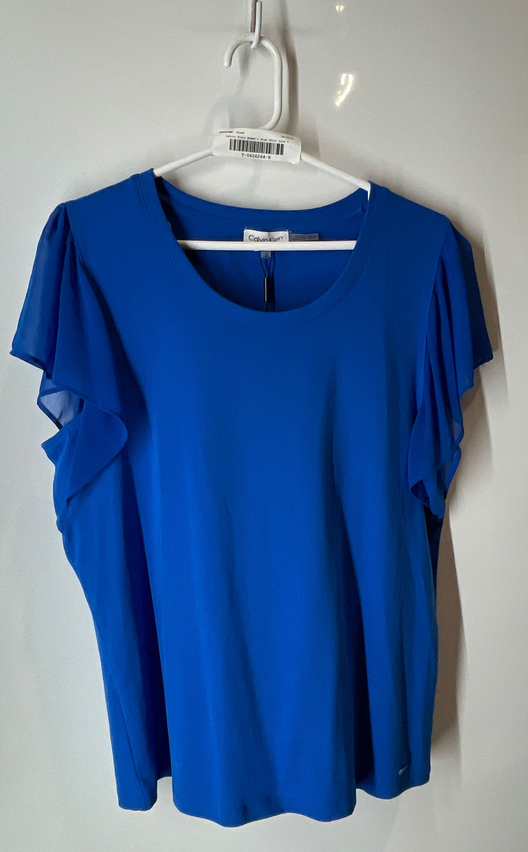 Calvin Klein Womens Blue Ruffle Sleeve Round Neck Blouse Top Size Large