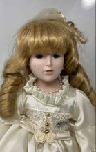 Load image into Gallery viewer, Blonde Curly Hair Blue Eyes Collectible Porcelain Doll In Off-White Maxi Dress
