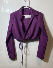 Load image into Gallery viewer, Zara Womens Purple Houndstooth Print Collared Tie Waist Cropped Blouse Top Sz M
