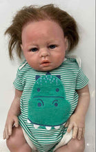 Load image into Gallery viewer, Brown Hair Realistic Baby Doll With White Green Striped Outfit
