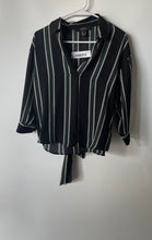 Load image into Gallery viewer, Forever 21 Womens Black Striped 3/4 Sleeve Collared Tie-Back Blouse Top Size S
