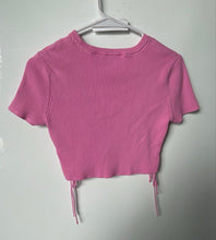 Load image into Gallery viewer, Zara Womens Pink Ribbed Short Sleeve Crew Neck Side Ties Cropped Blouse Top Sz M
