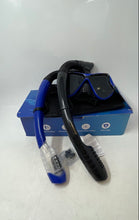 Load image into Gallery viewer, Dipuki Blue Black Glass Panoramic Crystal Clear Snorkel Mask Set Open Box
