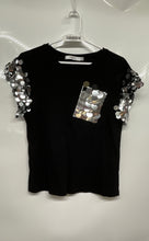 Load image into Gallery viewer, Runway Womens Black Sequin Short Sleeve Front Pocket Blouse Top Shirt Size M/L
