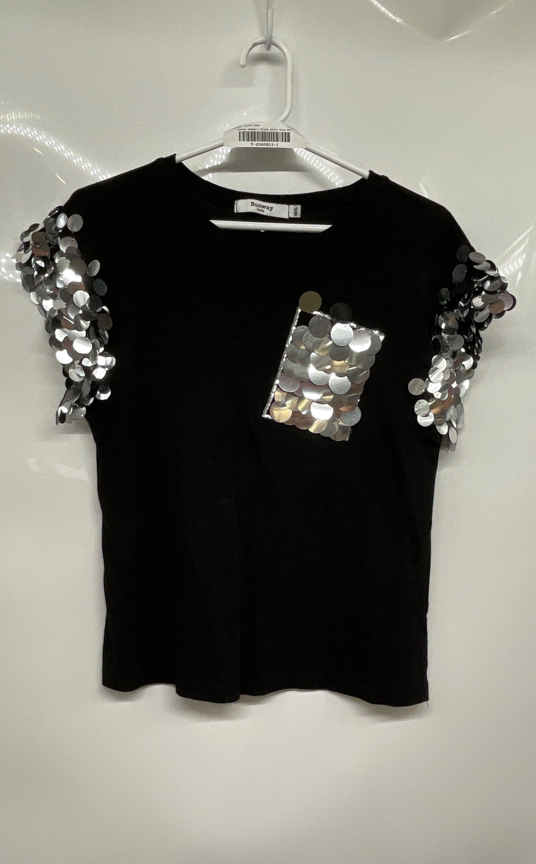 Runway Womens Black Sequin Short Sleeve Front Pocket Blouse Top Shirt Size M/L