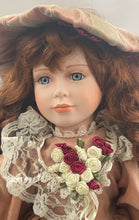 Load image into Gallery viewer, Vintage Auburn Curly Hair Gray Eyes Collectible Porcelain Doll In Pink Dress
