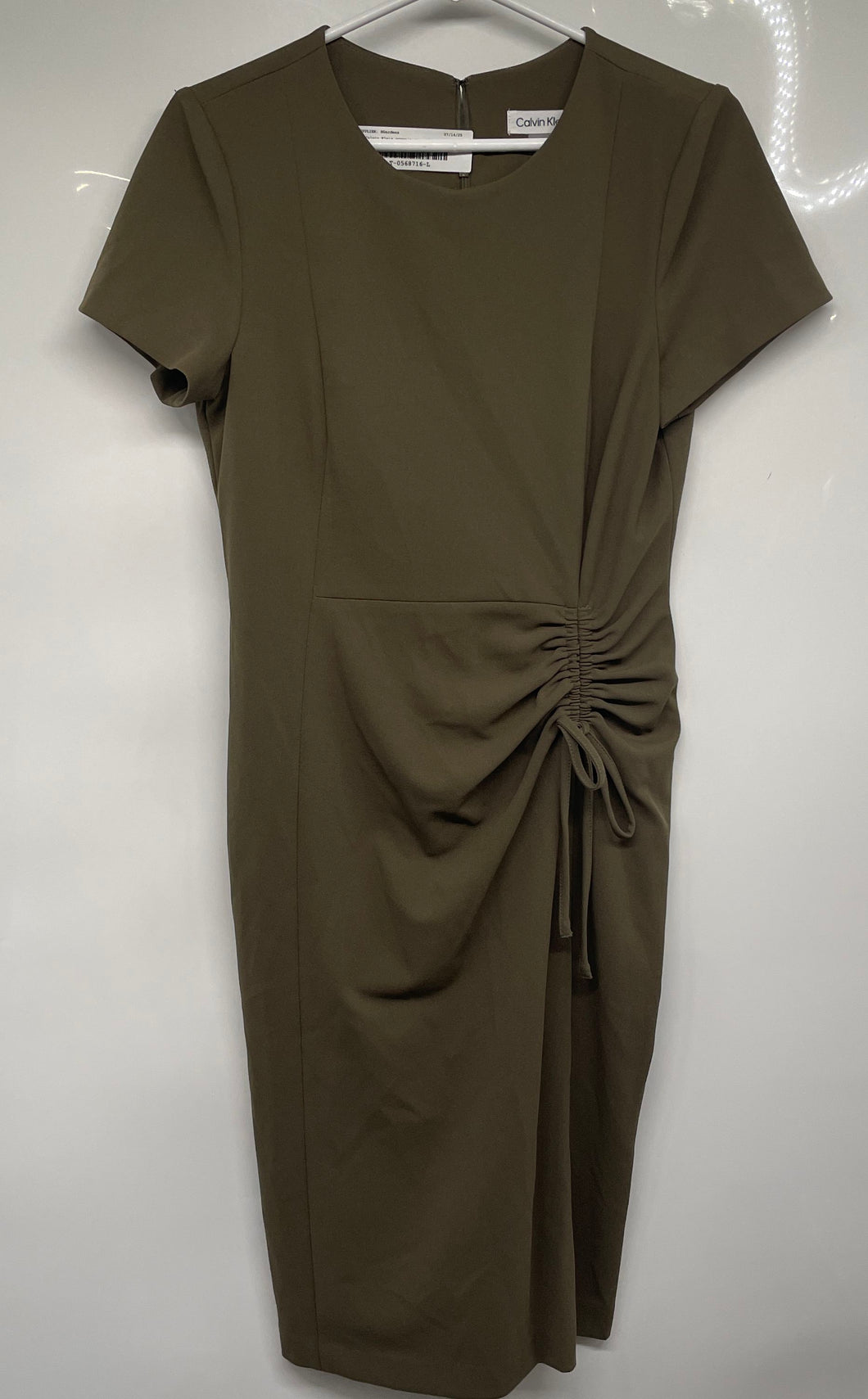 Calvin Klein Womens Green Short Sleeve Ruched Back Zip Sheath Dress Size 8