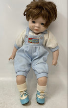 Load image into Gallery viewer, Vintage Brown Hair Blue Eyes Collectible Porcelain Baby Doll In White Blue Dress
