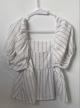 Load image into Gallery viewer, Madewell Womens White Black Striped Short Puff Sleeve Peplum Blouse Top Size S
