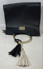 Load image into Gallery viewer, Bebe Womens Black Pebbled Leather Tassel Bottom Studs Double Handle Satchel Bag
