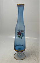 Load image into Gallery viewer, Blue Gold Trim Floral Glass Hand-Painted Decorative Pedestal Bud Flower Vase

