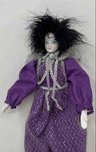 Load image into Gallery viewer, Vintage Purple Black Outfit Painted Face Feather Hair Porcelain Harlequin Doll
