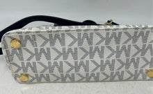 Load image into Gallery viewer, Michael Kors Womens White Navy Signature Print Detachable Strap Satchel Handbag
