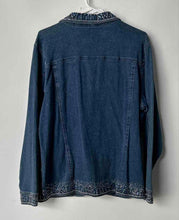 Load image into Gallery viewer, Quacker Factory Womens Blue Denim Rhinestones Ornament Spread Collar Jacket Sz L
