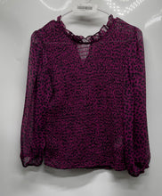 Load image into Gallery viewer, Express Womens Purple Animal Print Long Sleeve Ruffled Blouse Top Size Medium
