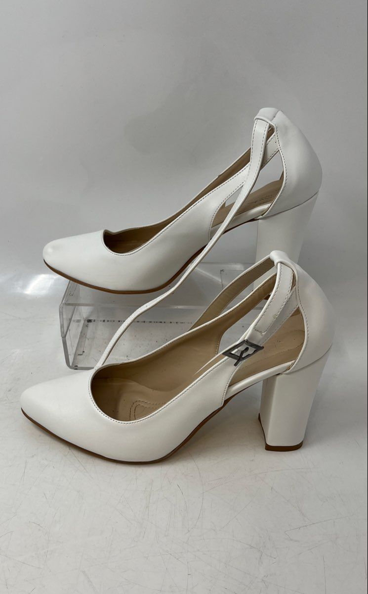 HYL Womens White Almond Toe Ankle Strap Block Pump Heels Size EU 38
