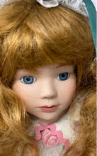 Load image into Gallery viewer, Vintage Curly Brown Hair And Blue Eyes Collectible Porcelain Doll In White Dress

