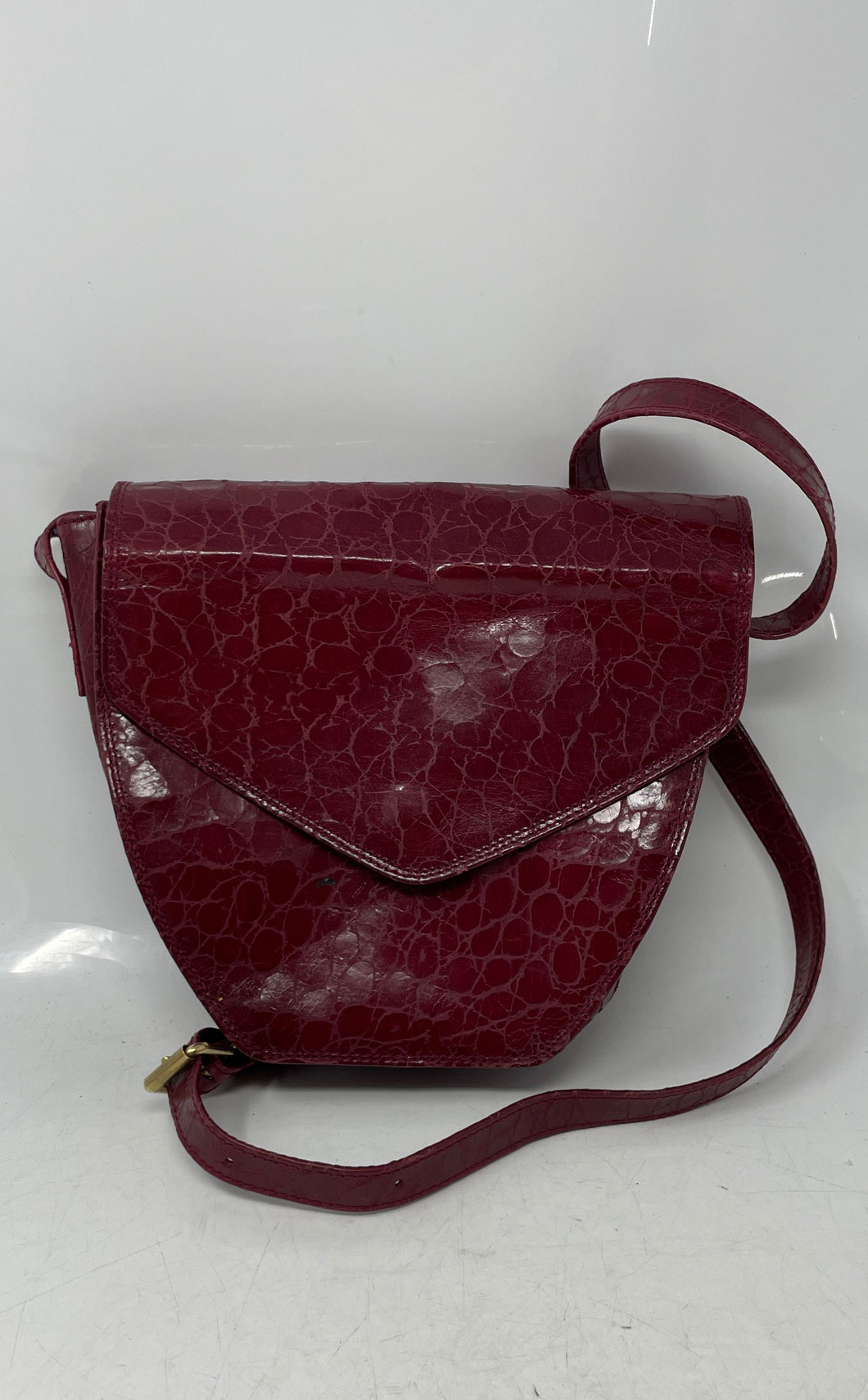 Alfa Womens Red Patent Leather Adjustable Strap Flap Over Lined Crossbody Bag