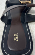 Load image into Gallery viewer, Zara Womens Black Brown Faux Leather Double Strap Flat Slide Sandals Size EUR 39
