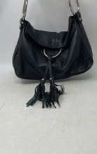 Load image into Gallery viewer, Alfani Womens Black Pebbled Leather Inner Pockets Tasseled Shoulder Handbag
