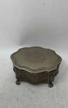 Load image into Gallery viewer, Silver-Tone Engraved British Royal Coat Of Arms Lion Paw Footed Oval Jewelry Box
