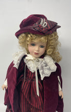 Load image into Gallery viewer, Blonde Curly Hair Vintage Style Porcelain Doll Collectible With Velvet Dress

