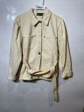 Load image into Gallery viewer, Zara Womens Beige Long Sleeve Collared Belted Button Front Denim Jacket Size M
