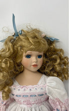 Load image into Gallery viewer, Blonde Curly Hair Blue Eyes Collectible Porcelain Doll With White Dress

