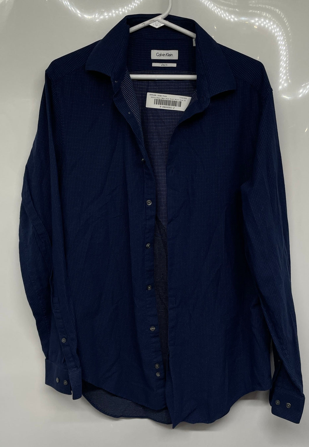 Calvin Klein Mens Blue Cotton Slim Fit Collared Long Sleeve Dress Shirt Size 16