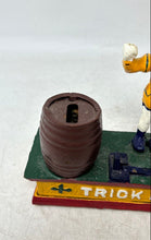 Load image into Gallery viewer, Vintage Cast Iron Trick Dog Circus Clown Barrel Figure Mechanical Coin Bank
