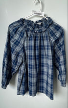 Load image into Gallery viewer, J.Crew Womens Blue Plaid Long Raglan Sleeve Smocked Ruffle Neck Blouse Top Sz XS

