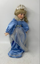 Load image into Gallery viewer, Blue Dress Blonde Hair White Floral Headband Open Eyes Fashion Porcelain Doll
