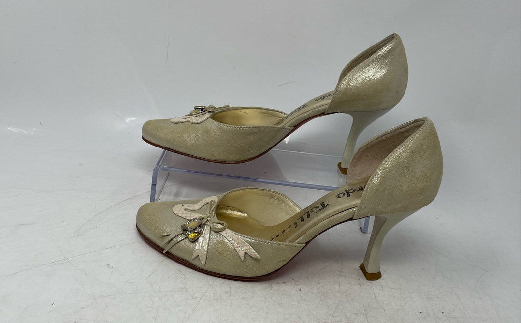 Edoardo Tulli Womens Golden Tone Slip-On Kitten Pump Heels Size 37