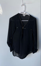 Load image into Gallery viewer, Guess Womens Black Roll Tab Sleeve 1/4 Zip V-Neck Sheer Blouse Top Size XS
