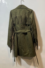 Load image into Gallery viewer, Karl Lagerfeld Paris Womens Green Faux Suede Fringe Belted Trench Coat Size S
