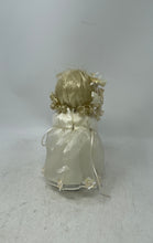 Load image into Gallery viewer, Antique Blonde Curly Hair Blue Eyes Ceramic Play Doll In Maxi Dress With Stand
