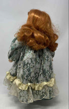 Load image into Gallery viewer, Vintage Collectible Brown Curly Hair Porcelain Doll In Victorian Dress w/ Stand

