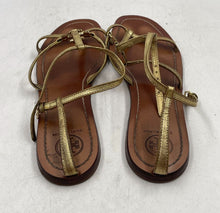Load image into Gallery viewer, Authentic Tory Burch Womens Lowell Gold Brown Ankle Strap Sandal Sz 9.5M Stained
