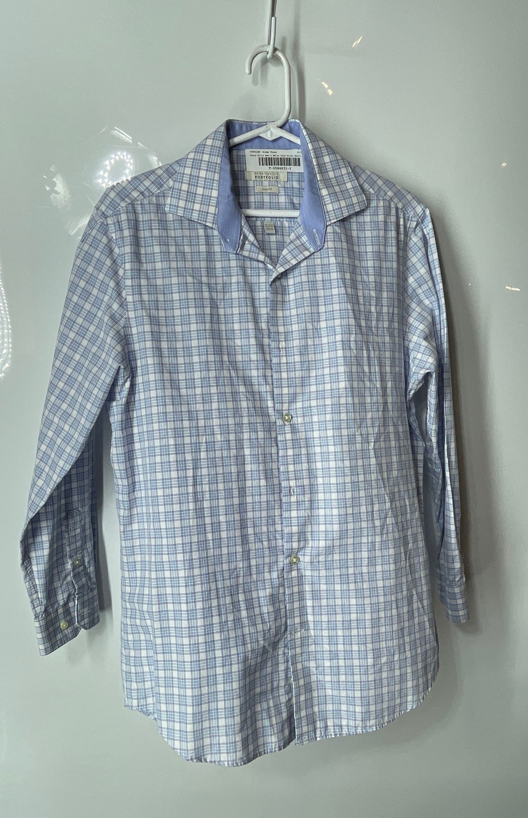 Perry Ellis Mens White Blue Plaid Print Dress Shirt Size L 15 1/2 32/33