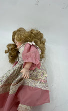 Load image into Gallery viewer, Vintage Blonde Curly Hair Green Eyes Porcelain Girl Doll In Cotton Floral Dress

