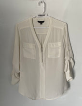 Load image into Gallery viewer, Express Womens White Roll-Tab Sleeve Front-Zip Chest Pockets Blouse Top Size S
