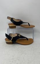 Load image into Gallery viewer, Liz Claiborne Womens Tiffin Black Gold Leather Block Heel Thong Sandals Size 5
