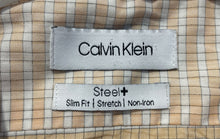 Load image into Gallery viewer, Calvin Klein Mens Peach White Plaid Stretch Non-Iron Slim Fit Dress Shirt Sz 16
