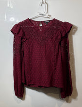 Load image into Gallery viewer, Express Womens Red Lace Long Sleeve Crew Neck Ruffle Blouse Top Size XS
